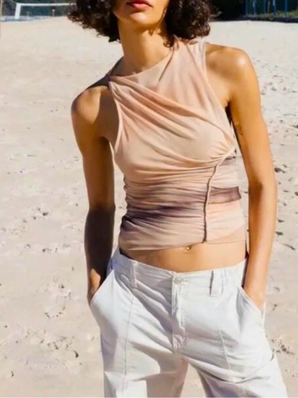 Zara Nude Ruched Asymmetric Tank Top